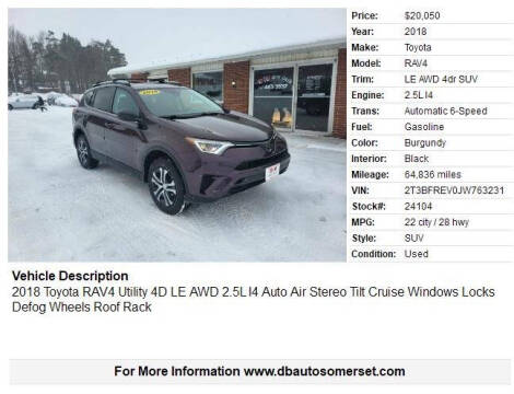 2018 Toyota RAV4 for sale at D & B AUTO SALES in Somerset PA