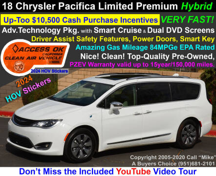 2018 Chrysler Pacifica Hybrid for sale at A Buyers Choice in Jurupa Valley CA