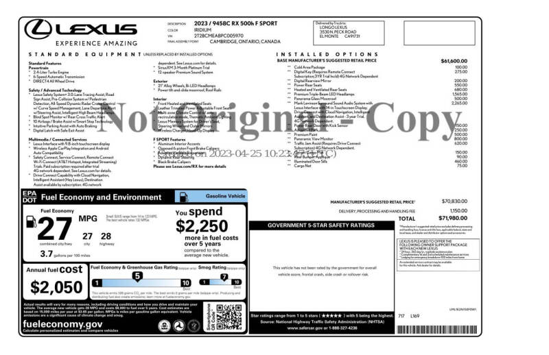 2023 Lexus RX 500h F SPORT Performance