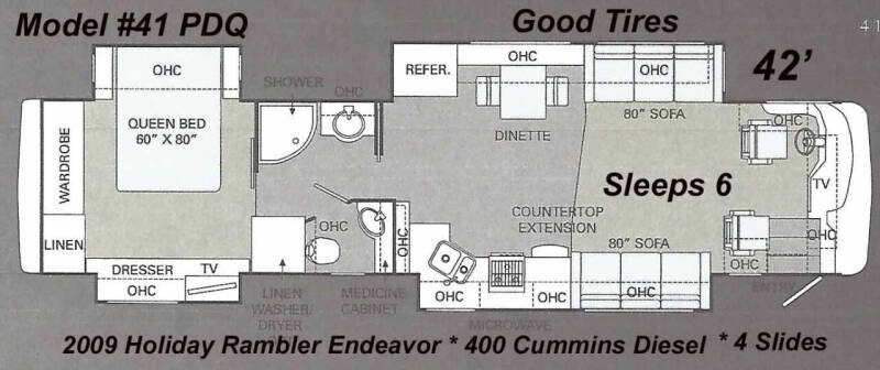 2009 Holiday Rambler ENDEAVOR 41 PDQ KING BED for sale at BEST PREOWNED RV in Houston TX