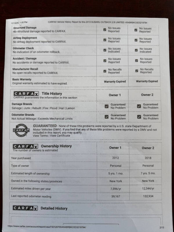 2013 Subaru Outback 2.5i Limited