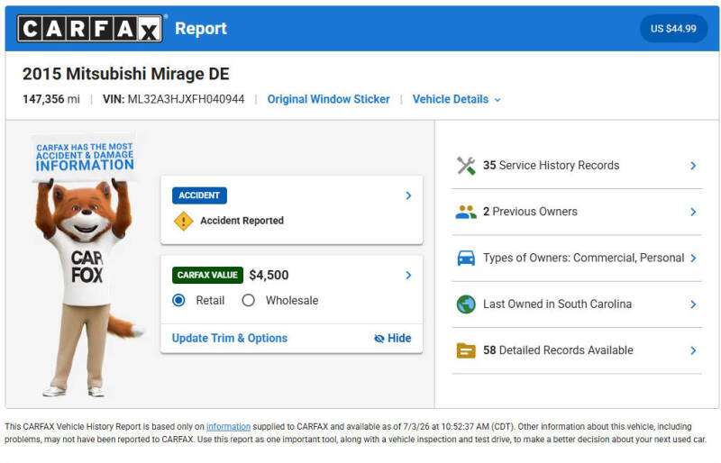 2015 Mitsubishi Mirage DE