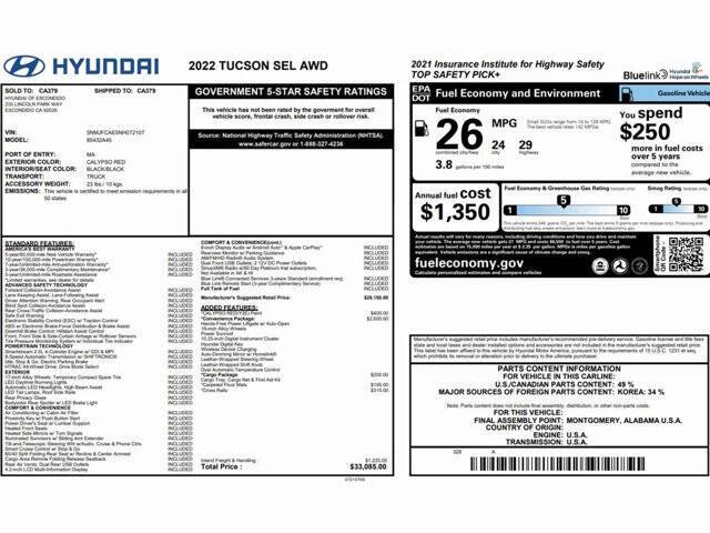 Used 2022 Hyundai Tucson SEL with VIN 5NMJFCAE5NH072107 for sale in Conshohocken, PA