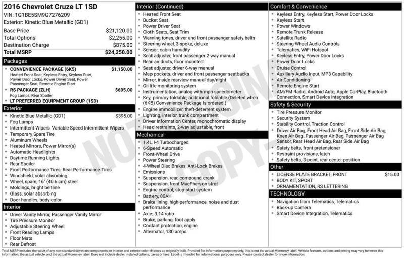 2016 Chevrolet Cruze LT Auto