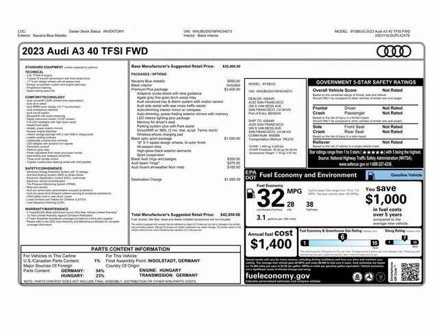 Used 2023 Audi A3 Sedan Premium Plus with VIN WAUBUDGY6PA034073 for sale in Conshohocken, PA