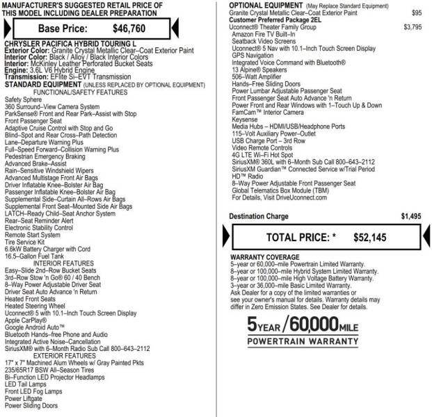 2022 Chrysler Pacifica Hybrid Touring L