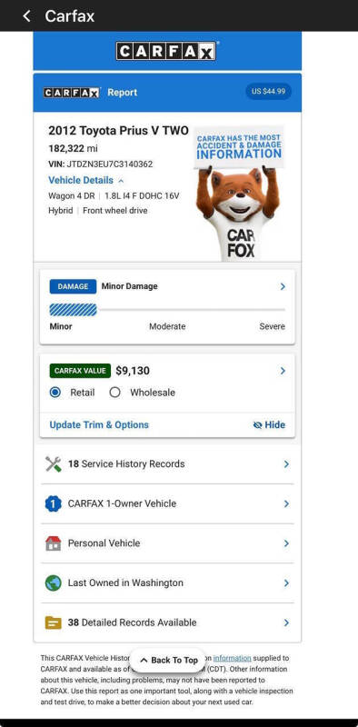 2012 Toyota Prius v Two