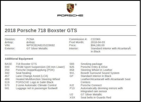2018 Porsche 718 Boxster GTS