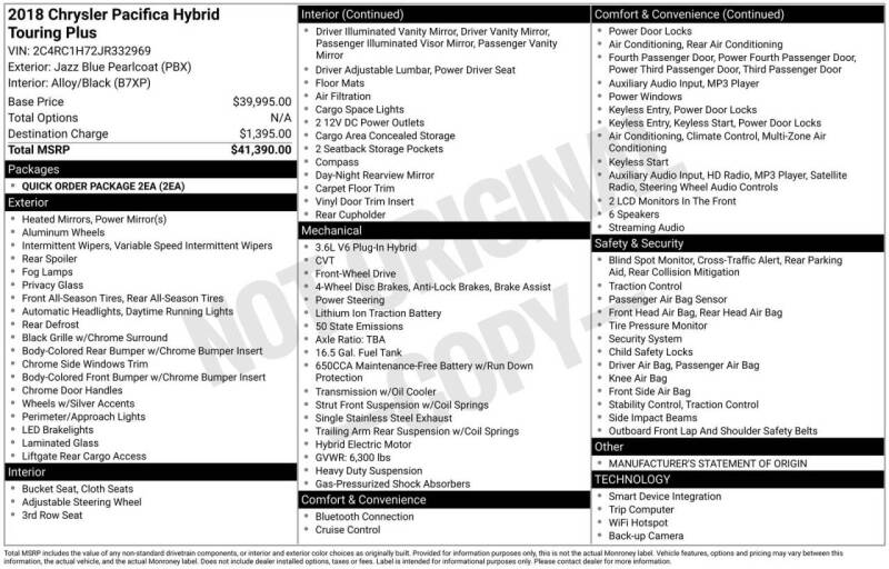 2018 Chrysler Pacifica Hybrid Touring Plus