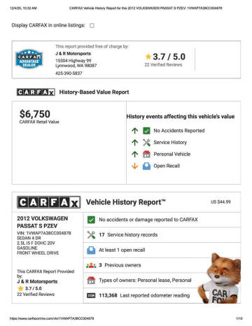 2012 Volkswagen Passat S PZEV