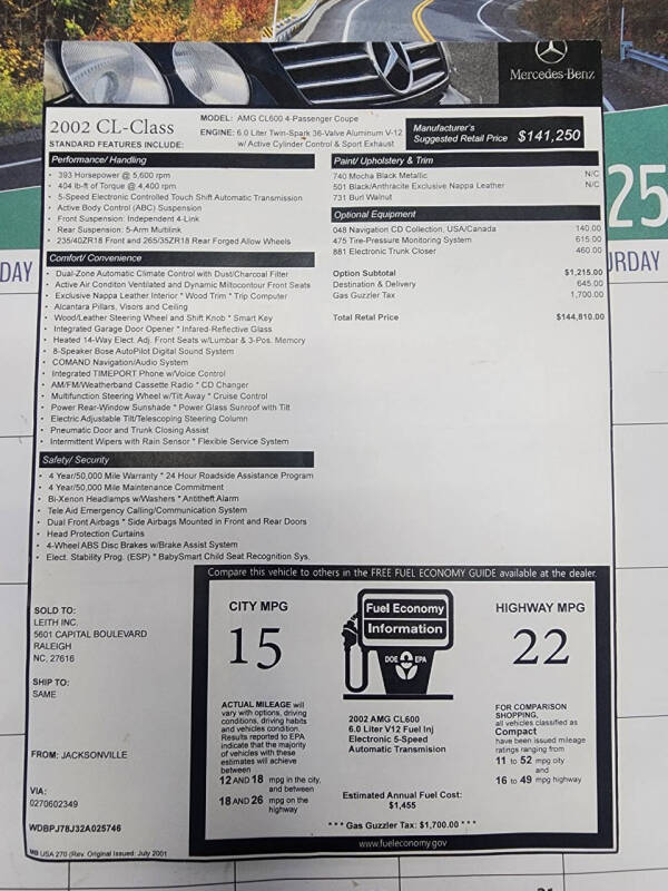 2002 Mercedes-Benz CL-Class CL 600