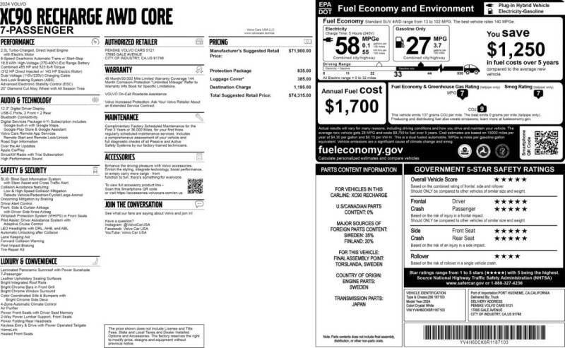 2024 Volvo XC90 Recharge T8 Core Bright Theme