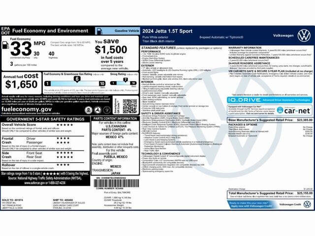 Used 2024 Volkswagen Jetta Sport with VIN 3VWBM7BU3RM050582 for sale in Conshohocken, PA