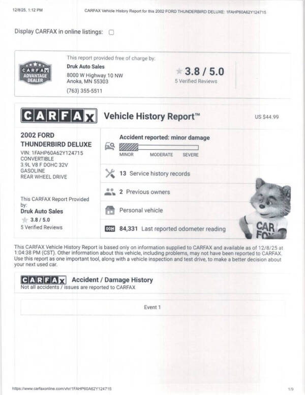 2002 Ford Thunderbird Deluxe