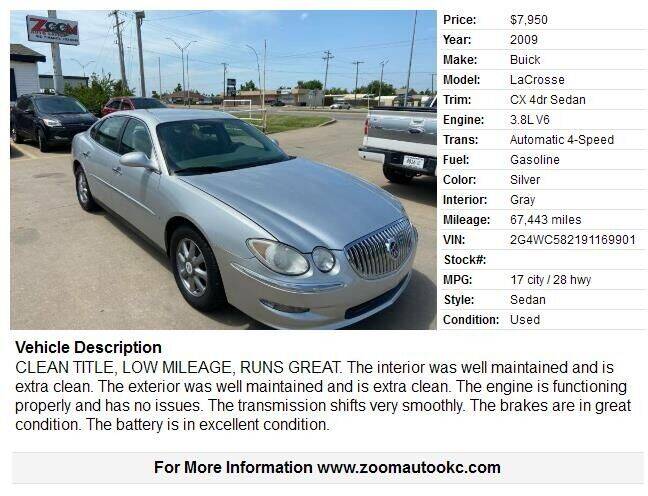 2009 Buick LaCrosse for sale at Zoom Auto Sales in Oklahoma City OK