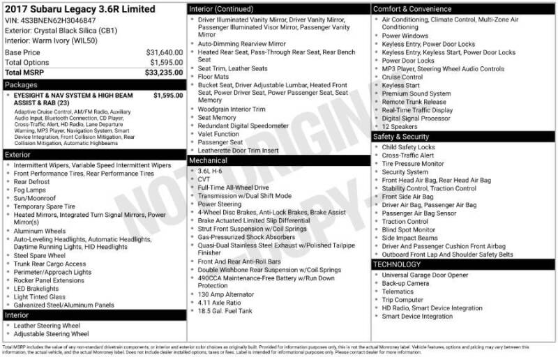 2017 Subaru Legacy 3.6R Limited