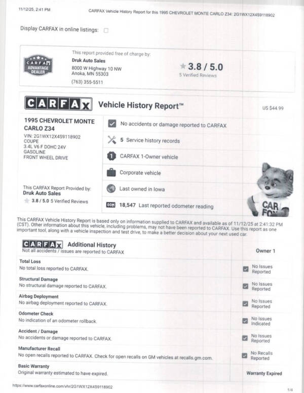 1995 Chevrolet Monte Carlo Z34