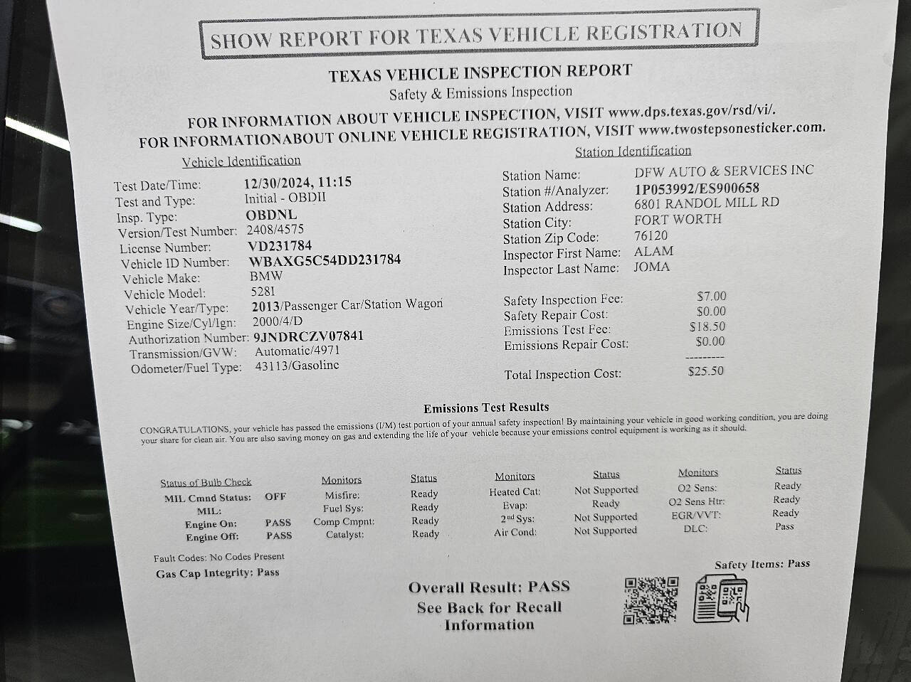 2013 BMW 5 Series for sale at DFW Auto & Services Inc in Fort Worth, TX