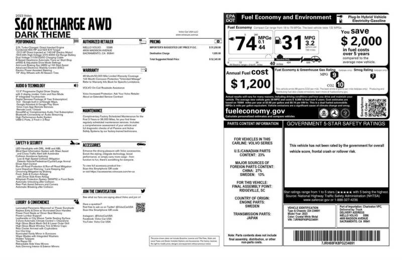 2023 Volvo S60 Recharge T8 Core Dark Theme