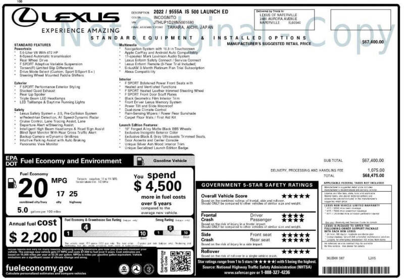 2022 Lexus IS 500 F SPORT Launch Edition