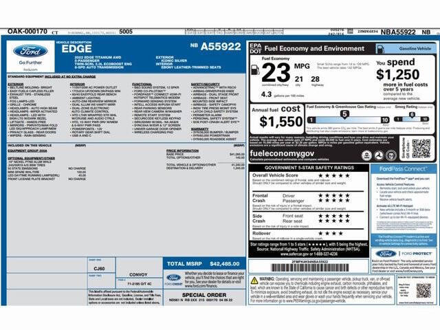 Used 2022 Ford Edge Titanium with VIN 2FMPK4K94NBA55922 for sale in Conshohocken, PA