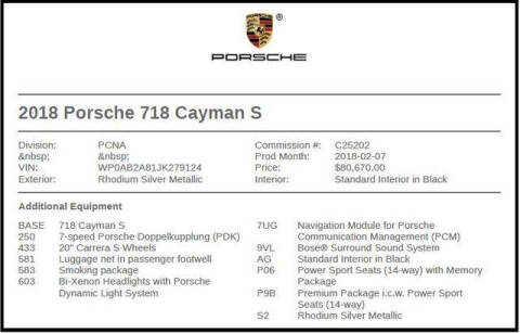 2018 Porsche 718 Cayman S