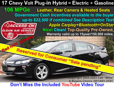 2017 Chevrolet Volt for sale at A Buyers Choice in Jurupa Valley CA