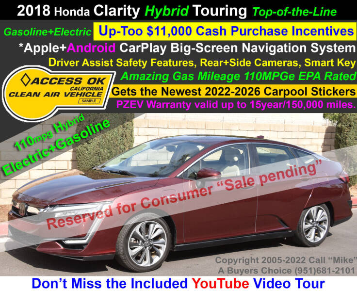 2018 Honda Clarity Plug-In Hybrid for sale at A Buyers Choice in Jurupa Valley CA
