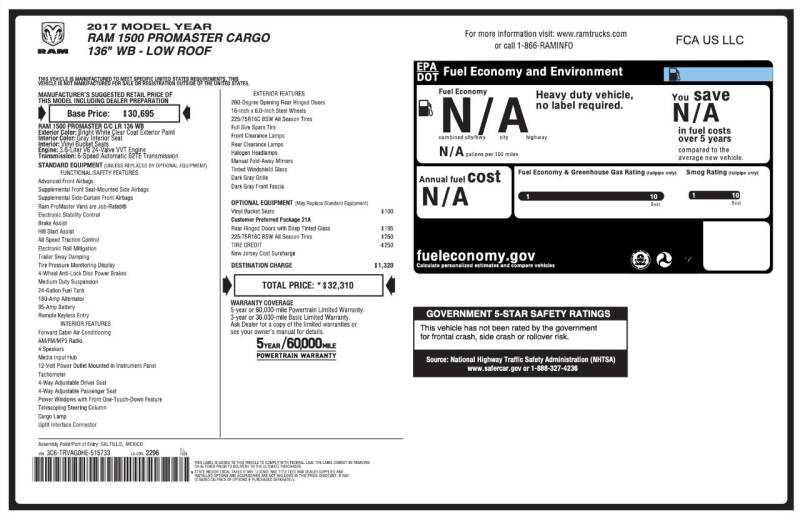2017 RAM ProMaster 1500 136 WB