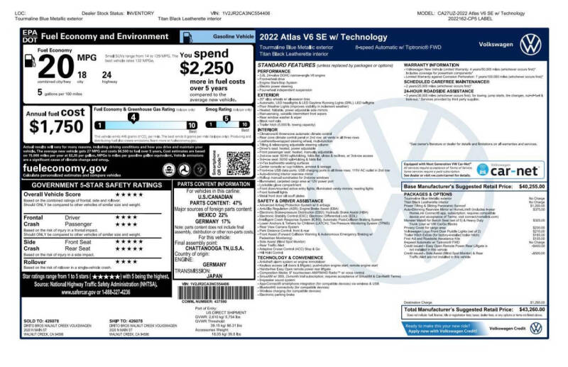 2022 Volkswagen Atlas V6 SE