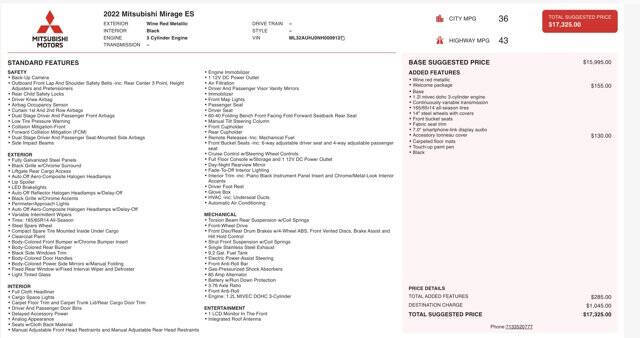 2022 Mitsubishi Mirage ES