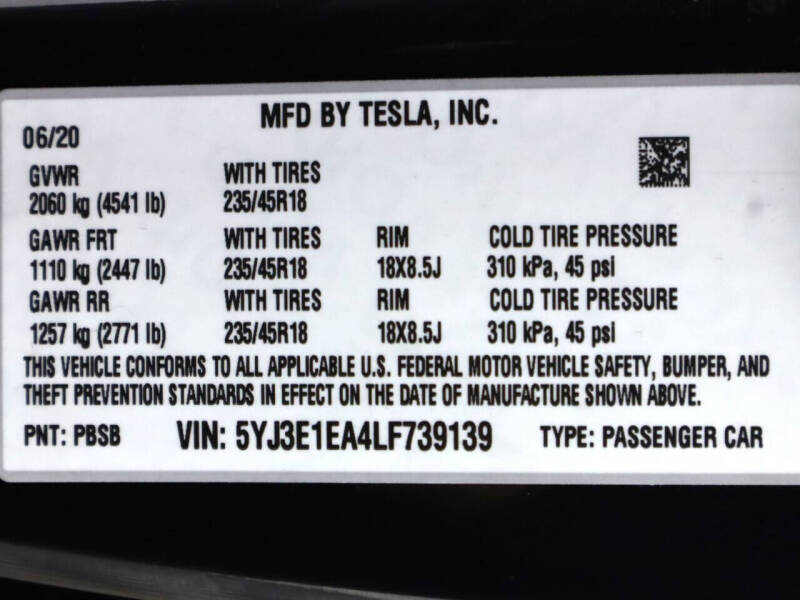 2020 Tesla Model 3 Standard Range Plus