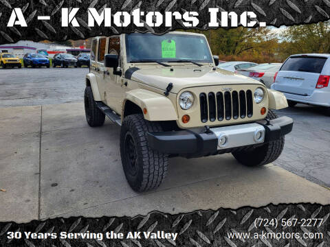 2012 Jeep Wrangler Unlimited for sale at A - K Motors Inc. in Vandergrift PA