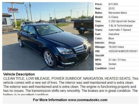2012 Mercedes-Benz C-Class for sale at Zoom Auto Sales in Oklahoma City OK