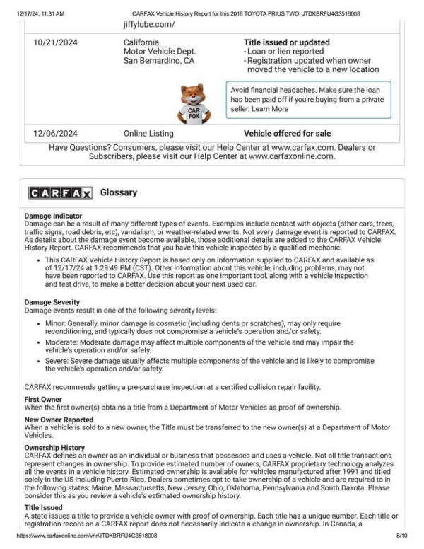 2016 Toyota Prius Two