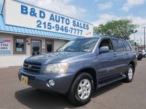 2002 Toyota Highlander for sale at B & D Auto Sales Inc. in Fairless Hills PA