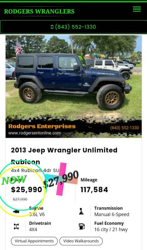 2013 Jeep Wrangler Unlimited for sale at Rodgers Wranglers in North Charleston SC