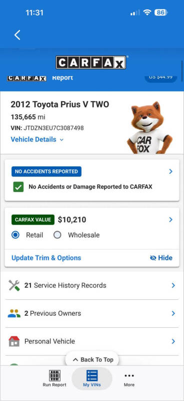 2012 Toyota Prius v Two