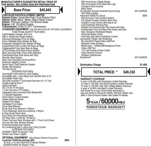 2020 Chrysler Pacifica Hybrid Limited 35th Anniversary