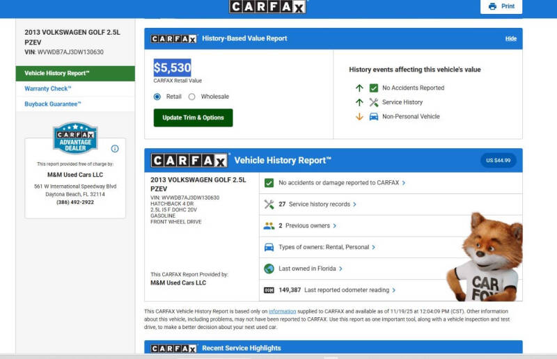 2013 Volkswagen Golf 2.5L PZEV