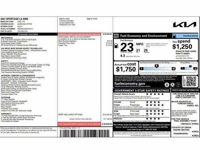 Used 2021 Kia Sportage LX with VIN KNDPMCAC6M7877912 for sale in Conshohocken, PA