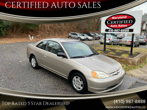 2002 Honda Civic for sale at CERTIFIED AUTO SALES in Severn MD