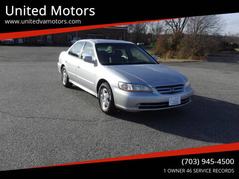 2002 Honda Accord for sale at United Motors in Fredericksburg VA