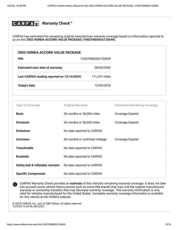 2002 Honda Accord Value Package