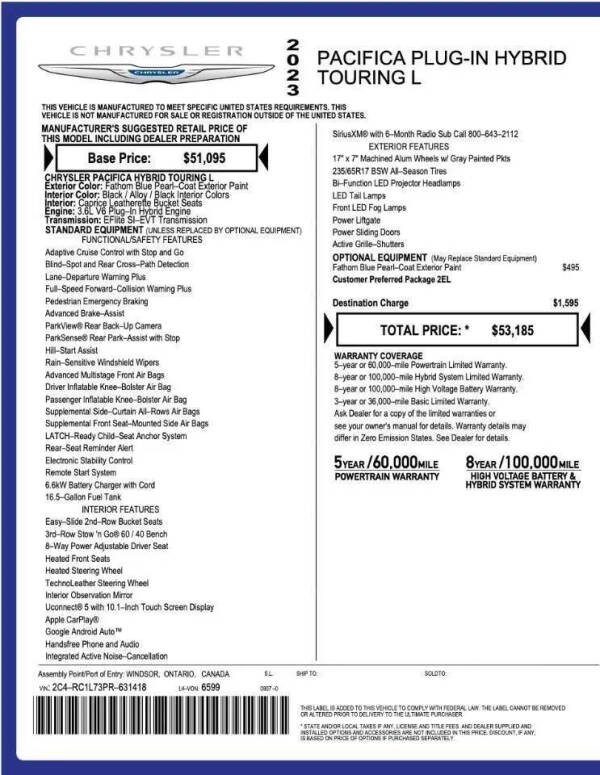 2023 Chrysler Pacifica Plug-In Hybrid Touring L