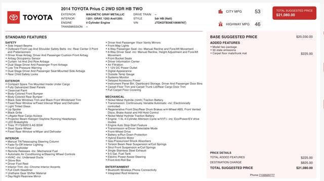 2014 Toyota Prius c Two