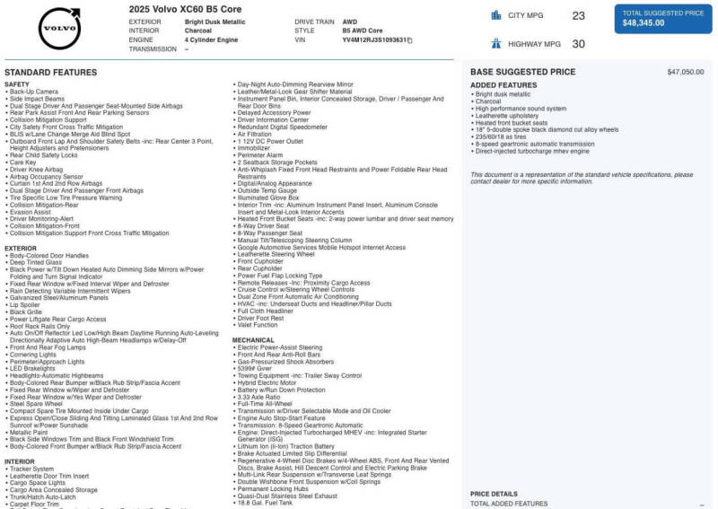 2025 Volvo XC60 B5 Core Dark Theme