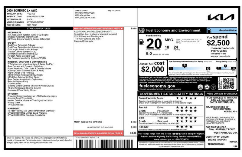 2020 Kia Sorento LX V6