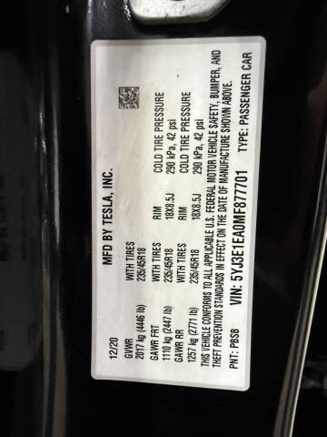 2021 Tesla Model 3 Standard Range Plus