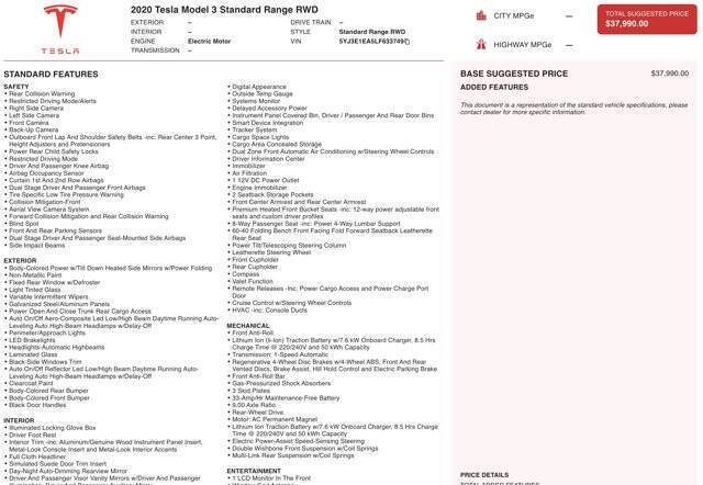 2020 Tesla Model 3 Standard Range Plus
